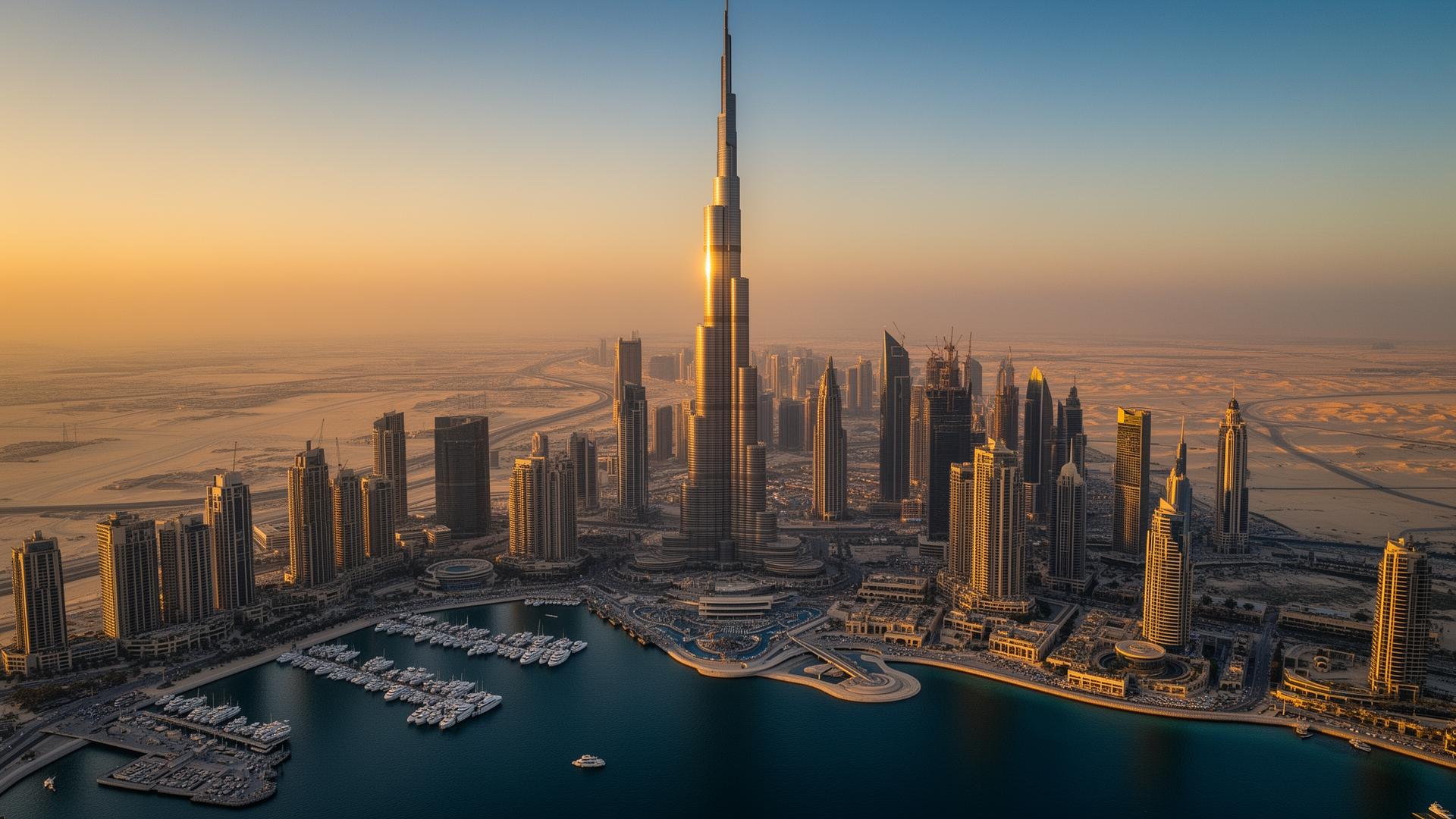 Dubai skyline at golden hour featuring Burj Khalifa